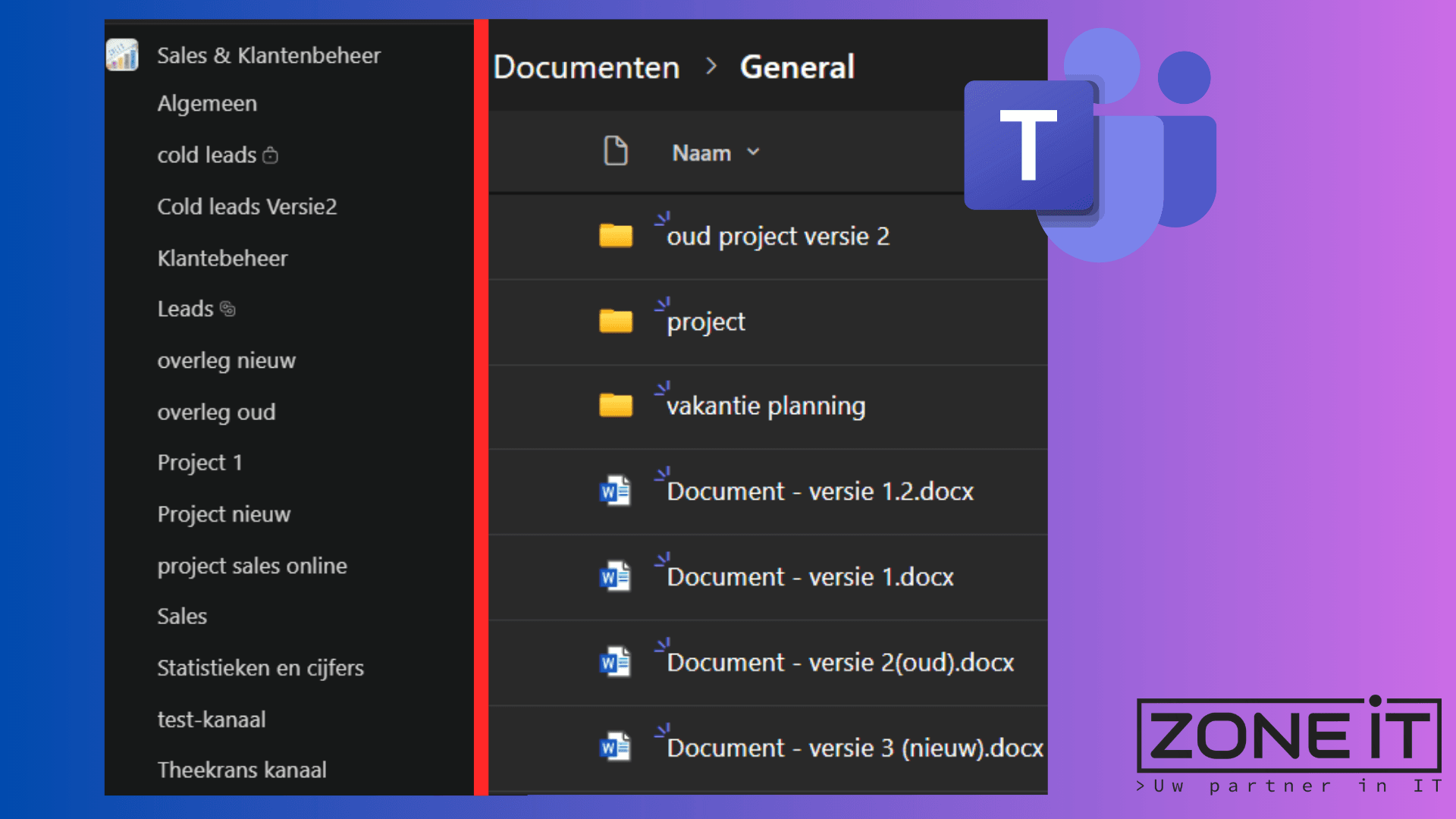 Overzicht van meerdere Teams-kanalen en documenten zonder duidelijke structuur, wat wildgroei illustreert