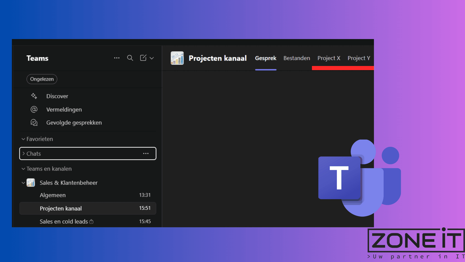 Microsoft Teams interface met gebundelde projecten in tabs binnen één kanaal voor meer overzicht en structuur.