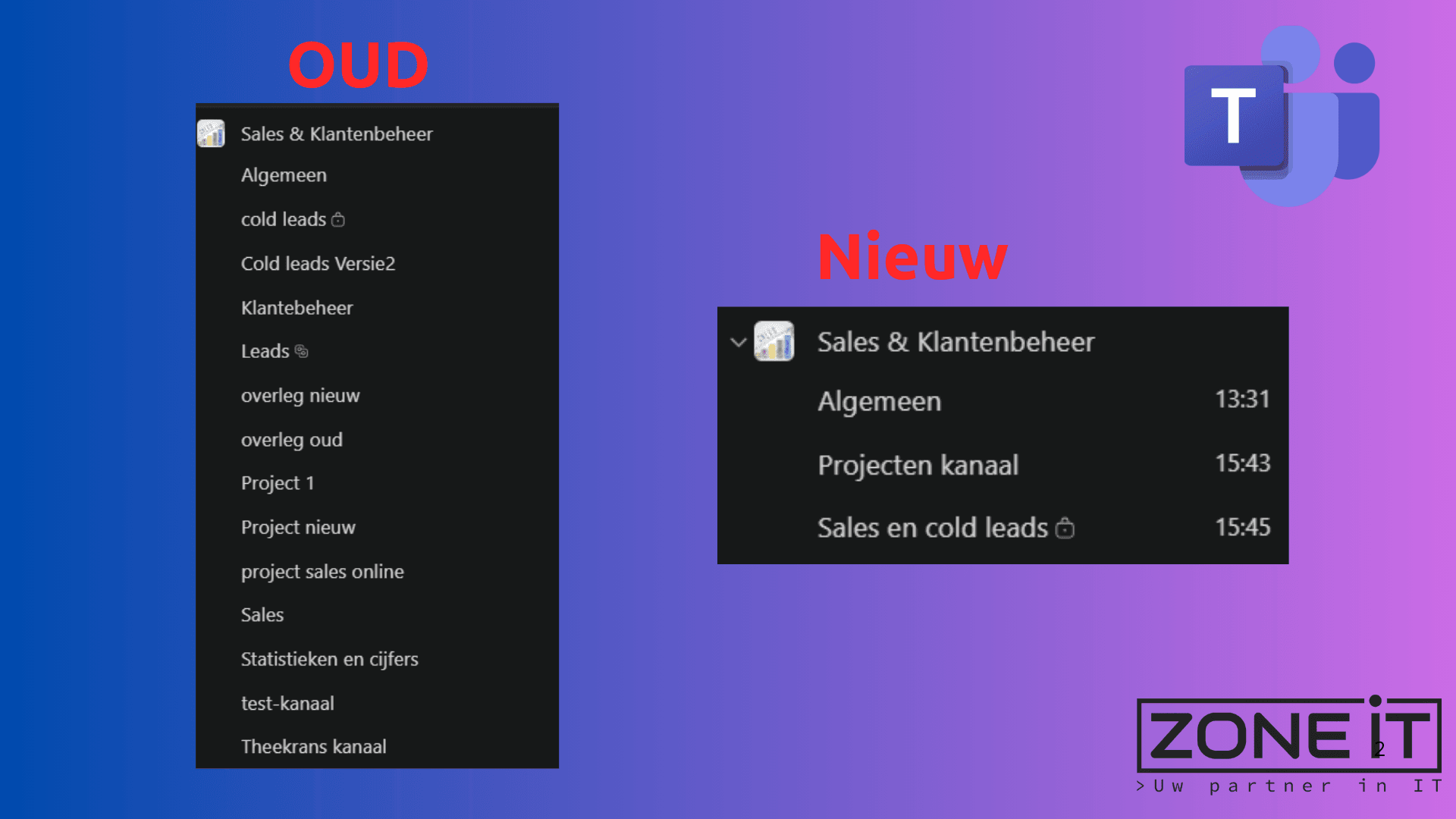 Vergelijking tussen oude en nieuwe Microsoft Teams kanaalindeling met verbeterde gebruikersinterface en overzichtelijke structuur.